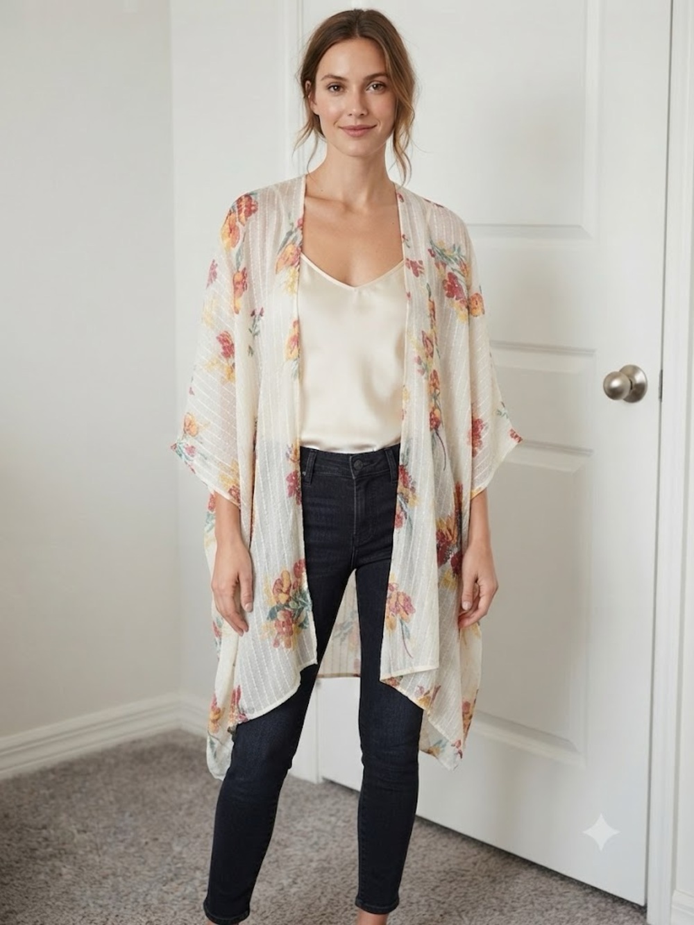 LC Lauren Conrad Cream Floral Sheer Kimono with Pink & Yellow Blooms
